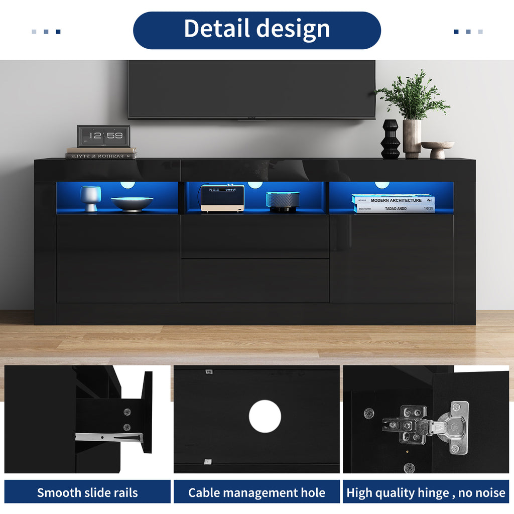 160x35x60cm High Gloss TV Cabinet With LED Lighting, 3 Open Compartments, 2 Doors, 2 Drawers, Smart App Control, For 70 Inch TV,High Gloss TV Stand