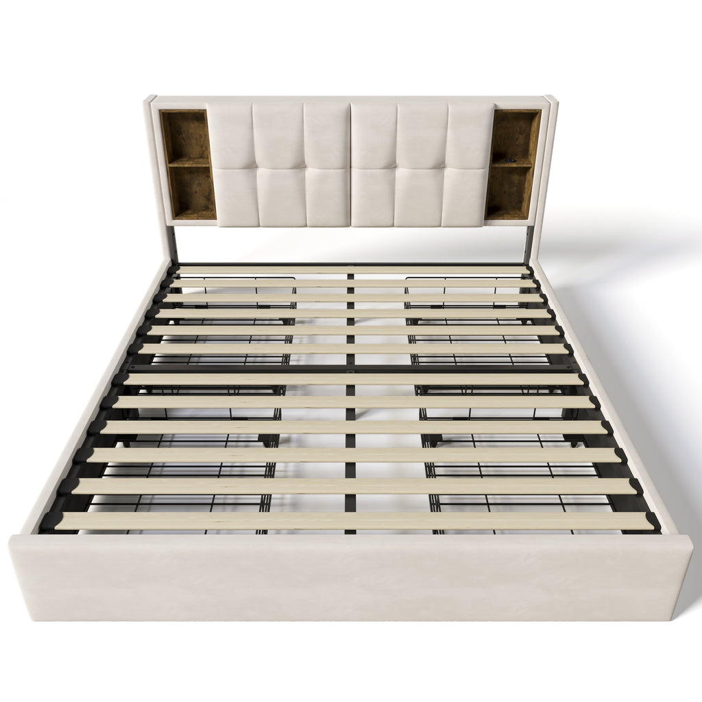 Double Bed With Wireless Charging USB C& 4 Drawers, Upholstered Bed Bed Frame 160x200cm, Slatted Base Made Of Wood-beige Velvet  Without Mattress