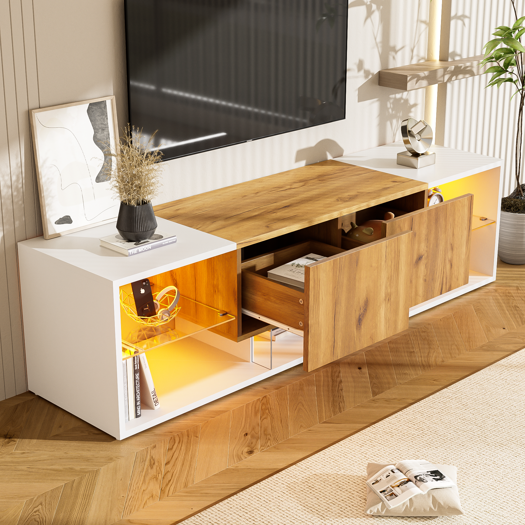 3 Tier TV Console Cabinet For TVs Up To 70, Modern TV Console Entertainment Center With Glass Top Storage Platform And 2 Drawers, TV Stand, Suitable For Living Room, Bedroom, White