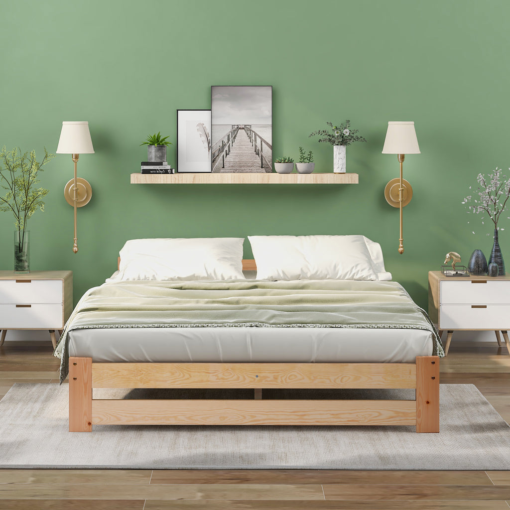 Solid Solid Wood Bed Futon Bed Made Of Natural Wood With Headboard And Slatted Frame, Natural 200x140cm