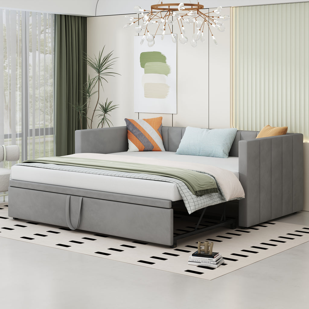 Upholstered Pull-out Sofa Bed 90 180 X 200 Cm With Slatted Bases Multifunctional Bed In Skin-friendly Grey Velvet Old SKU LDU00058AAG.