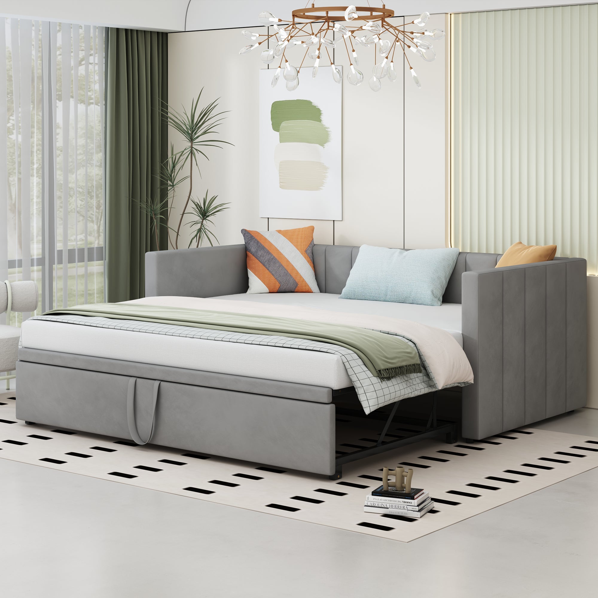 Upholstered Pull-out Sofa Bed 90 180 X 200 Cm With Slatted Bases Multifunctional Bed In Skin-friendly Grey Velvet Old SKU LDU00058AAG.