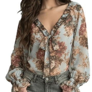 Womens Retro Oil-Painting Floral V-Neck Top