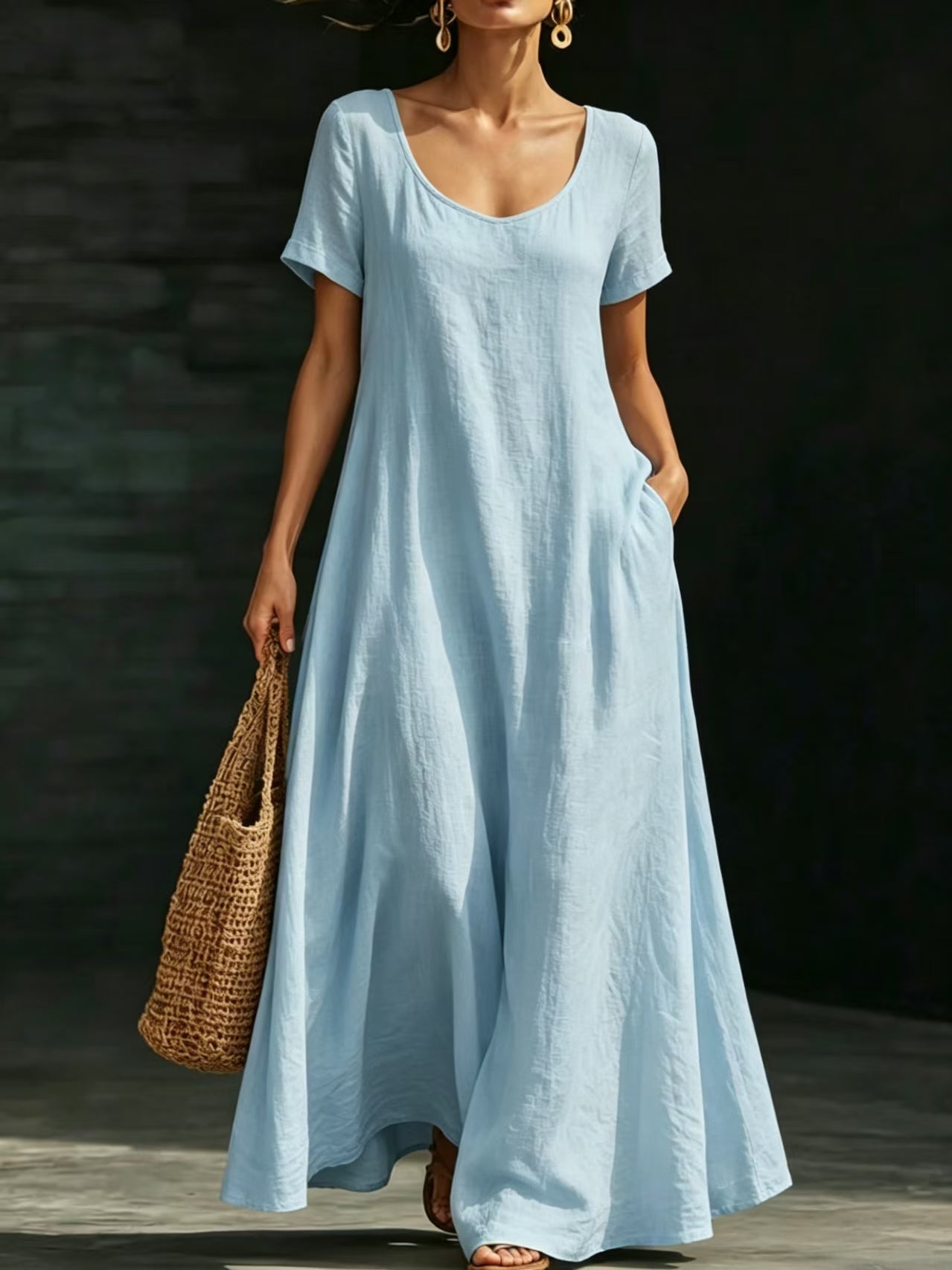 Summer Dress U-neck Short-sleeve Loose Casual Pure Color Full-skirted Long Dress