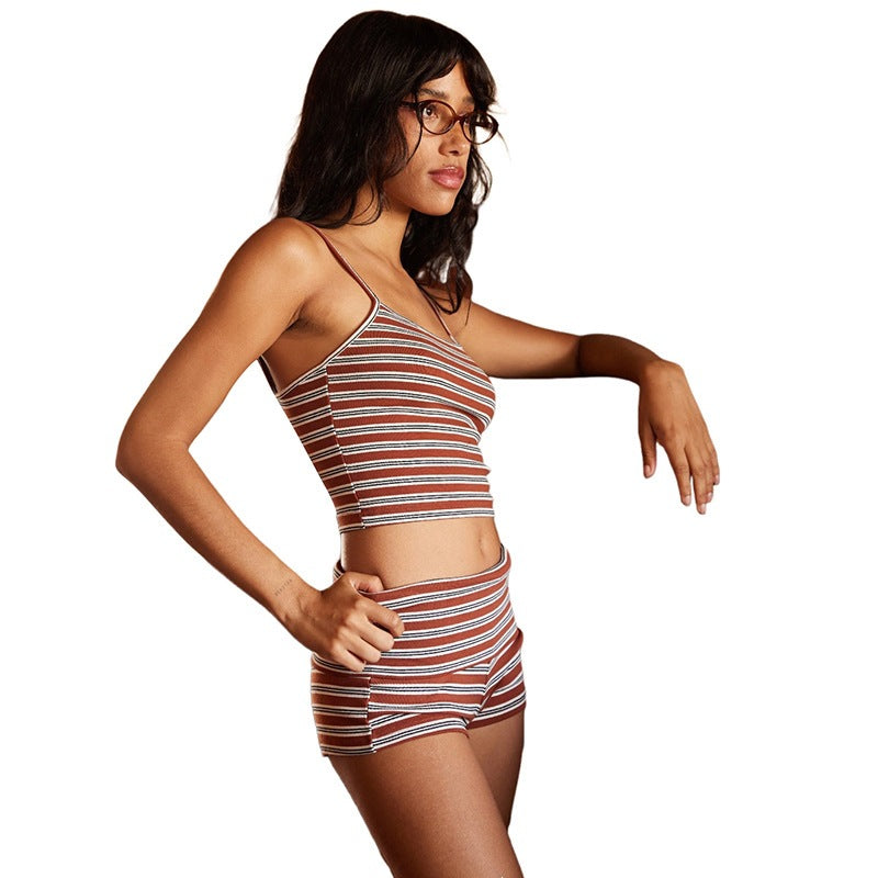 Womens Slim-fit Cropped Camisole And Striped Shorts Set