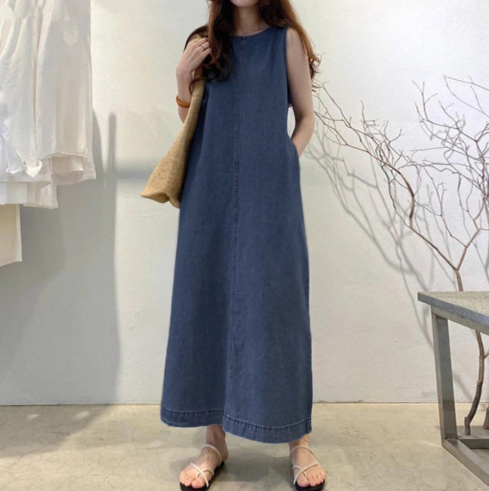 Womens Solid-Color Fashionable Round-Neck Loose-Fit Pocketed Dress