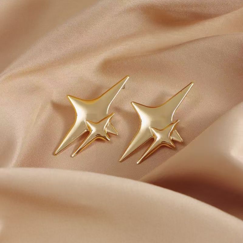 Korean Double Four-pointed Star Studs, Sweet  Long Earrings For Daily Commute