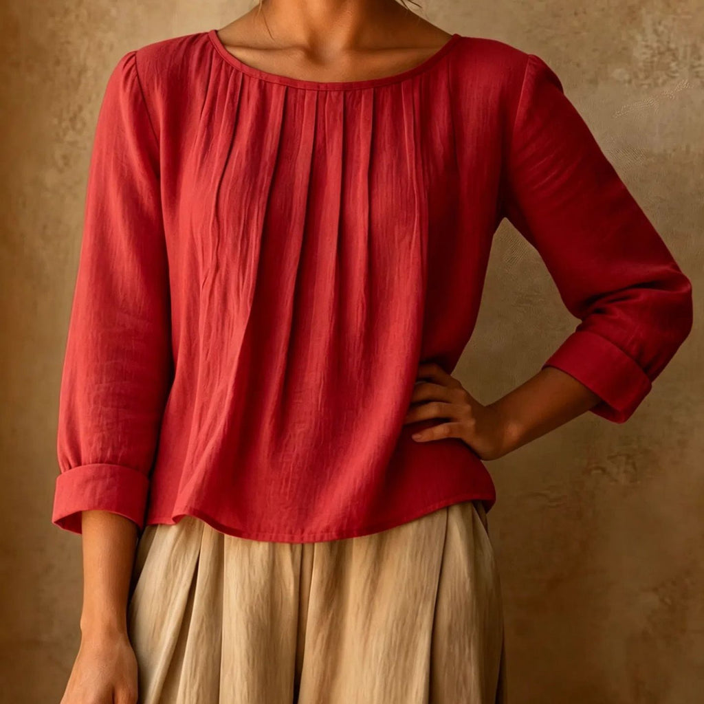 Womens Cotton-linen Top Loose-fit Round-neck Shirt