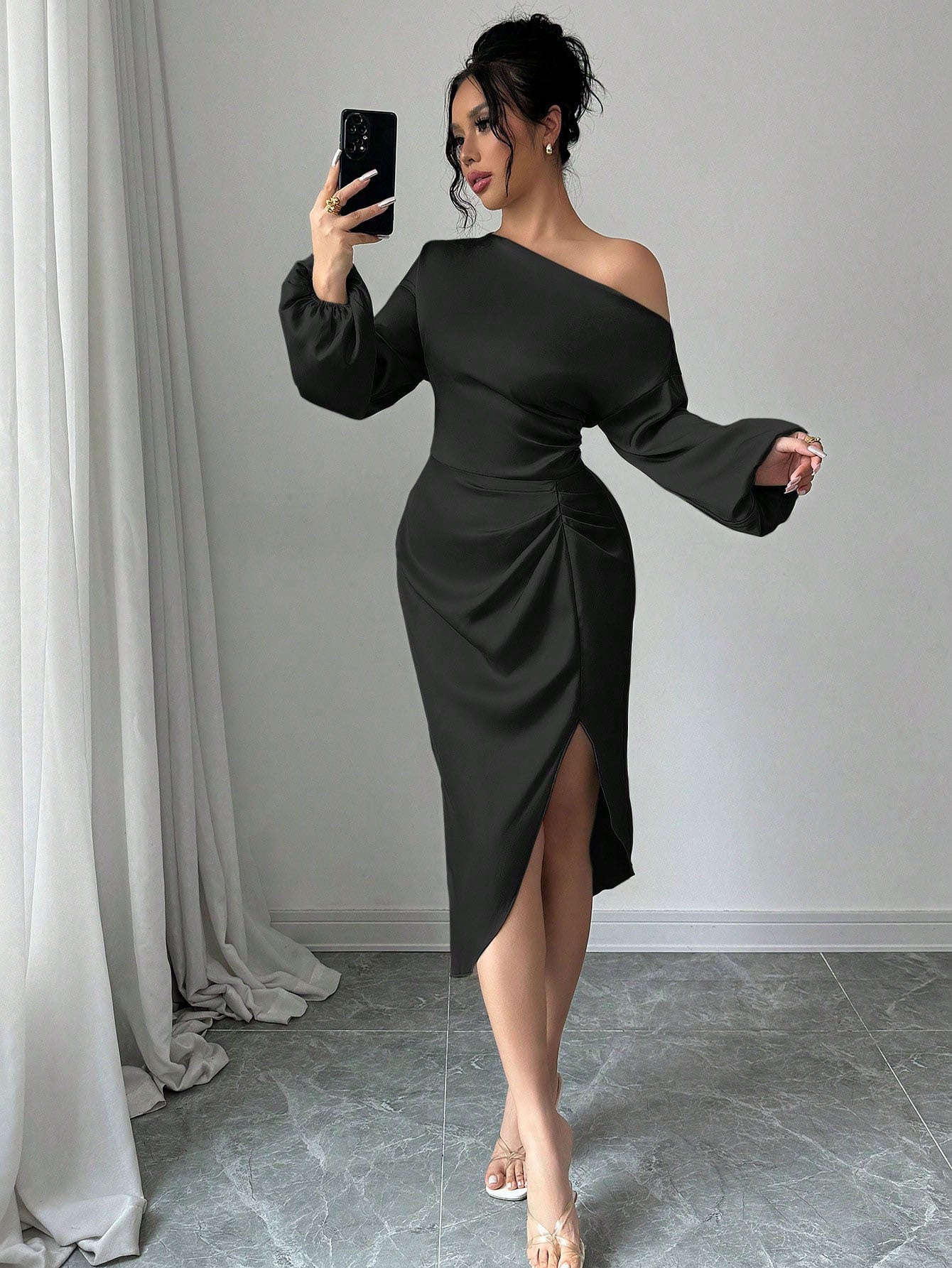 Off Shoulder Long Sleeve Dress With A Slanted Neckline