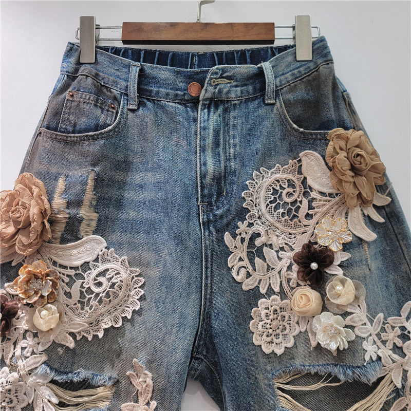 Lace-floral Patchwork, Brushed-texture Distressed Denim Shorts With Rhinestones And A Back Elastic Waist