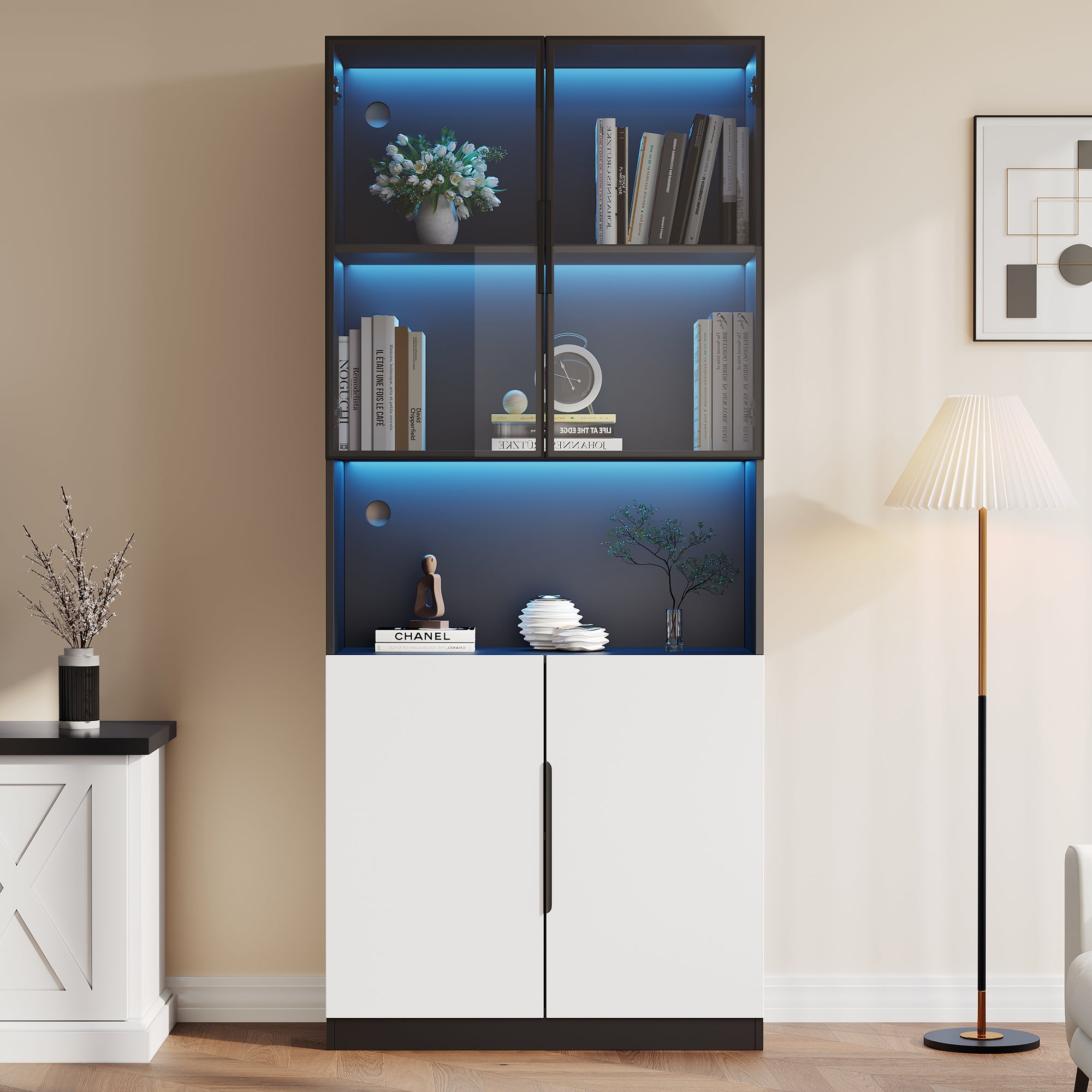 Modern Minimalist Display Case With Glass Doors, Display Case With LED Lights, Bookcase For Collectibles, Adjustable Color Temperature And Brightness, White Doors With Black Decoration, 80x30x200cm