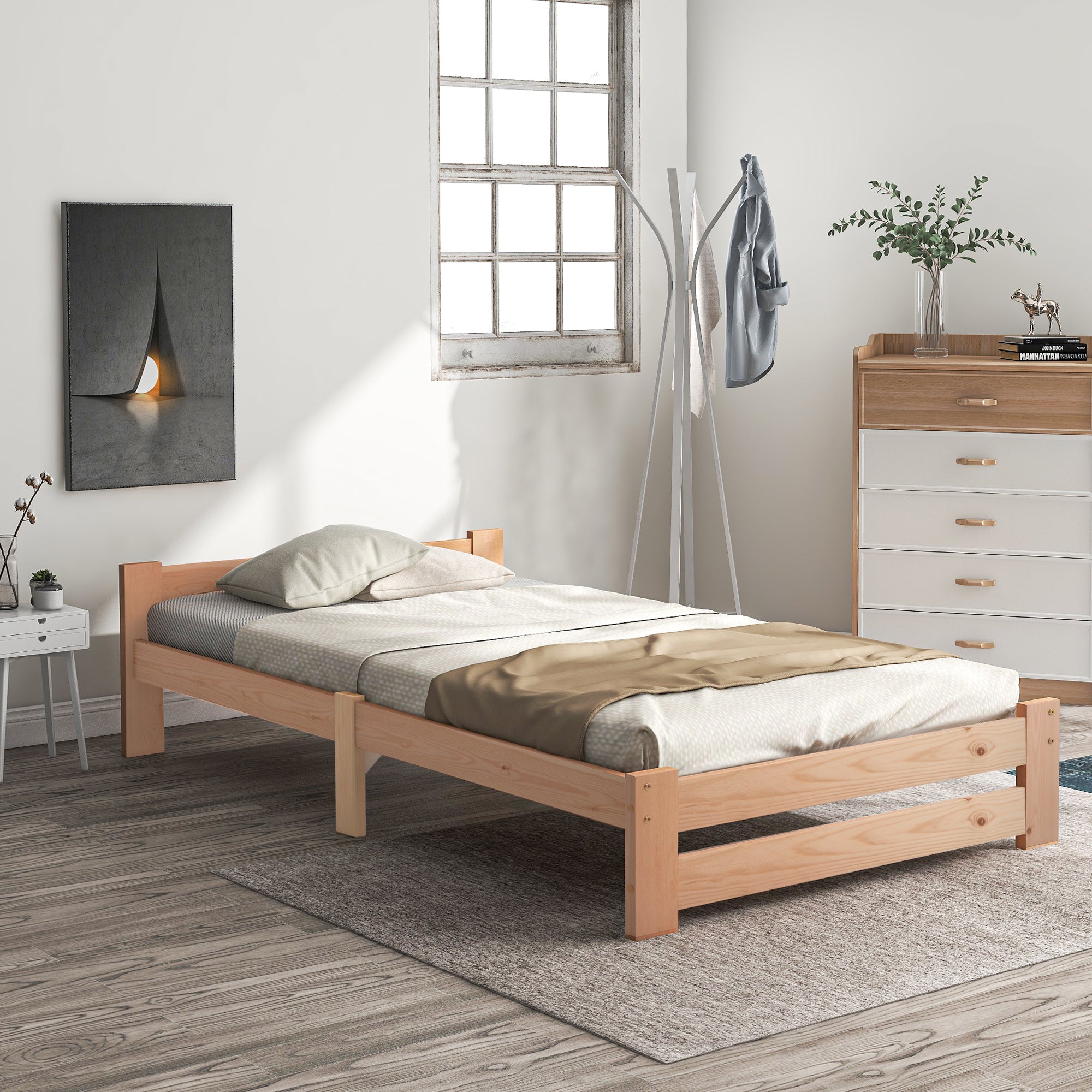 Solide Massivholzbett Futonbett Massivholz Natur Bett Aus Mit Kopfteil Und Lattenrost , Natur 200x90cm