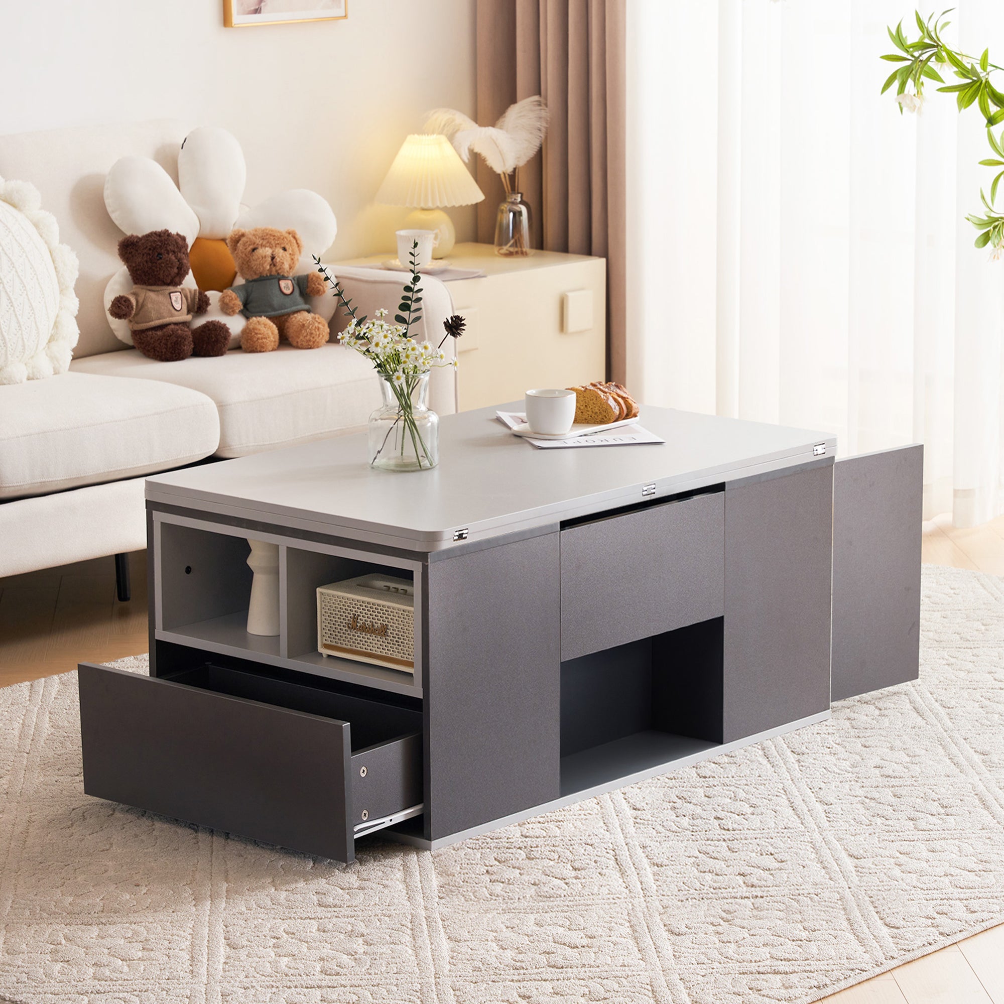 313593594GAAHebable Multifunction Coffee Table - Table Top Opens To 2 Tables, Dark Grey  Light Grey, Large Capacity, Modern Living Room Furniture, Office Dining Table Side Table Multifunction Table