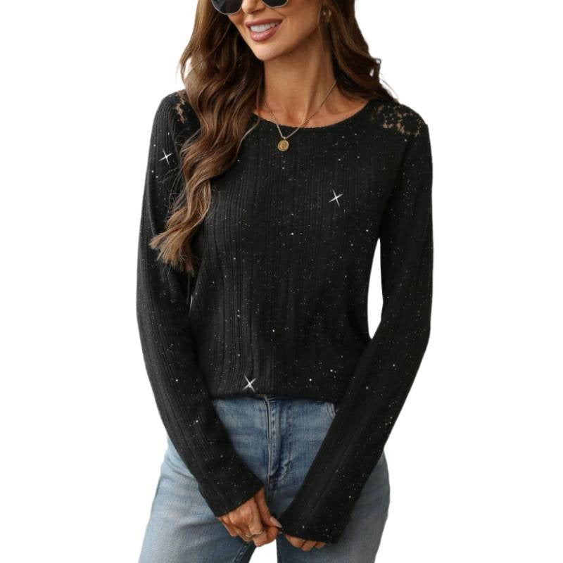 Womens Sequined Rib-Knit Casual Top