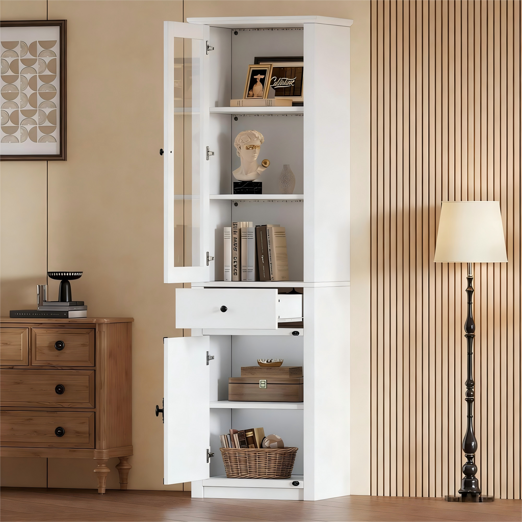 55X40X200cm Tall Cabinet,Display Case With One Drawer,Standing Display Case With 2 Cabinet Doors, Glass Display Case With LED,White,With Metal And Aluminum Alloy Handles