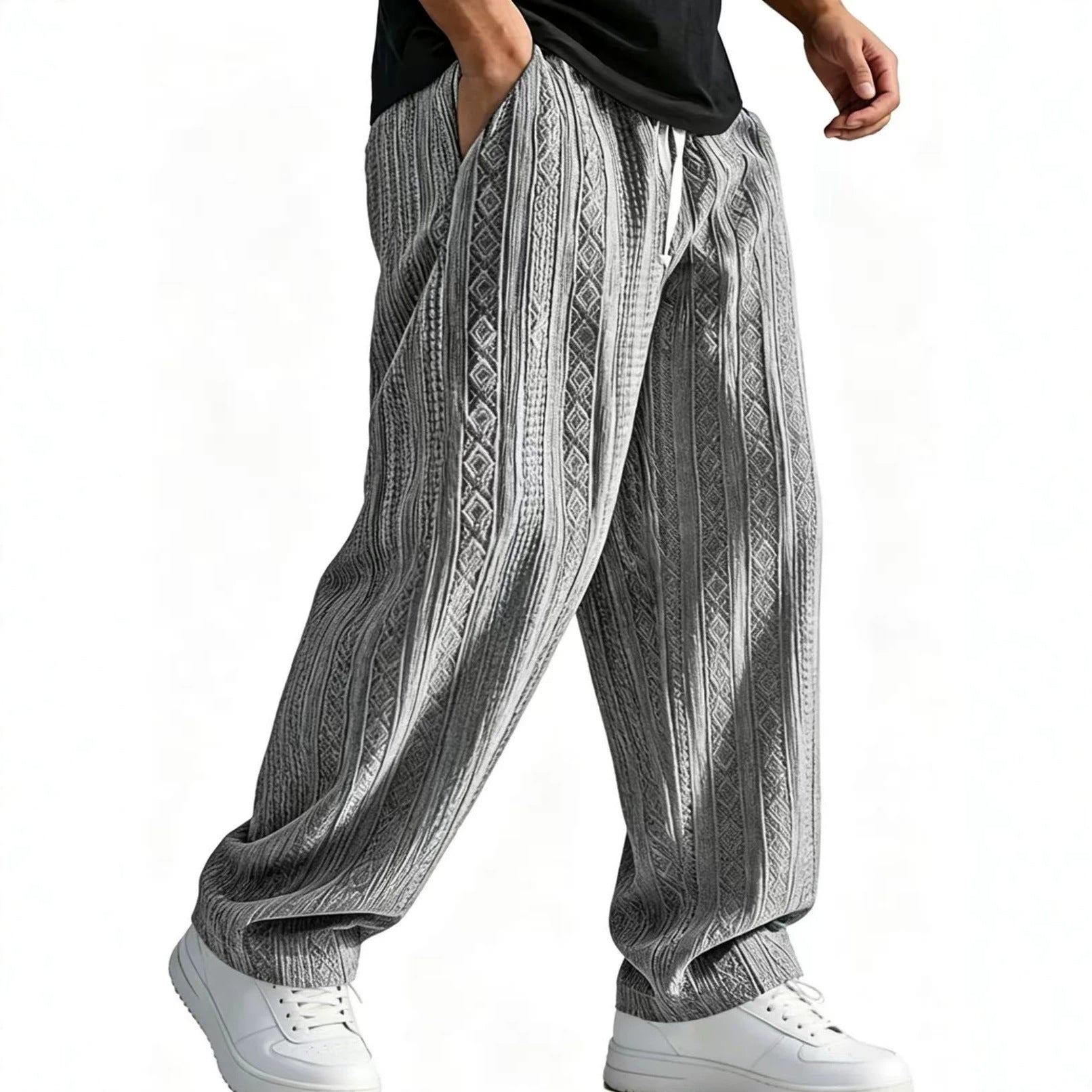 Mens Loose-Fit Jacquard Wide-Leg Casual Solid-Color Straight-Leg Trousers