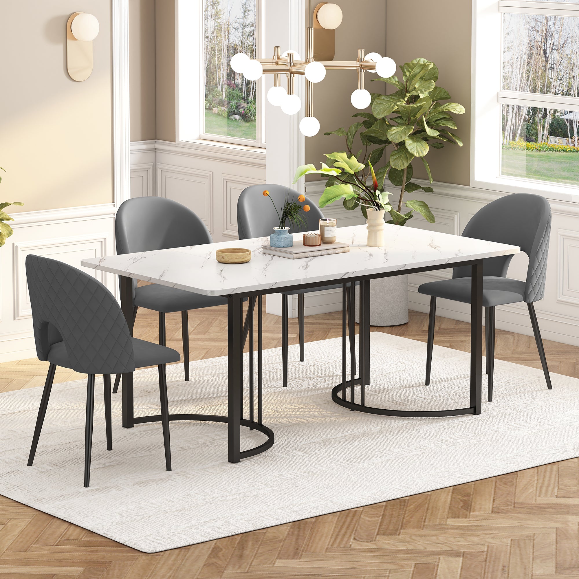 Dining Set, Set, 140x80cm Dining Table With 4 Chairs Modern Kitchen Table Set, Velvet Dining Chair With Diamond Pattern, Adjustable Chair Legs, Gray Velvet, MDF Tabletop In White, Black Table Legs