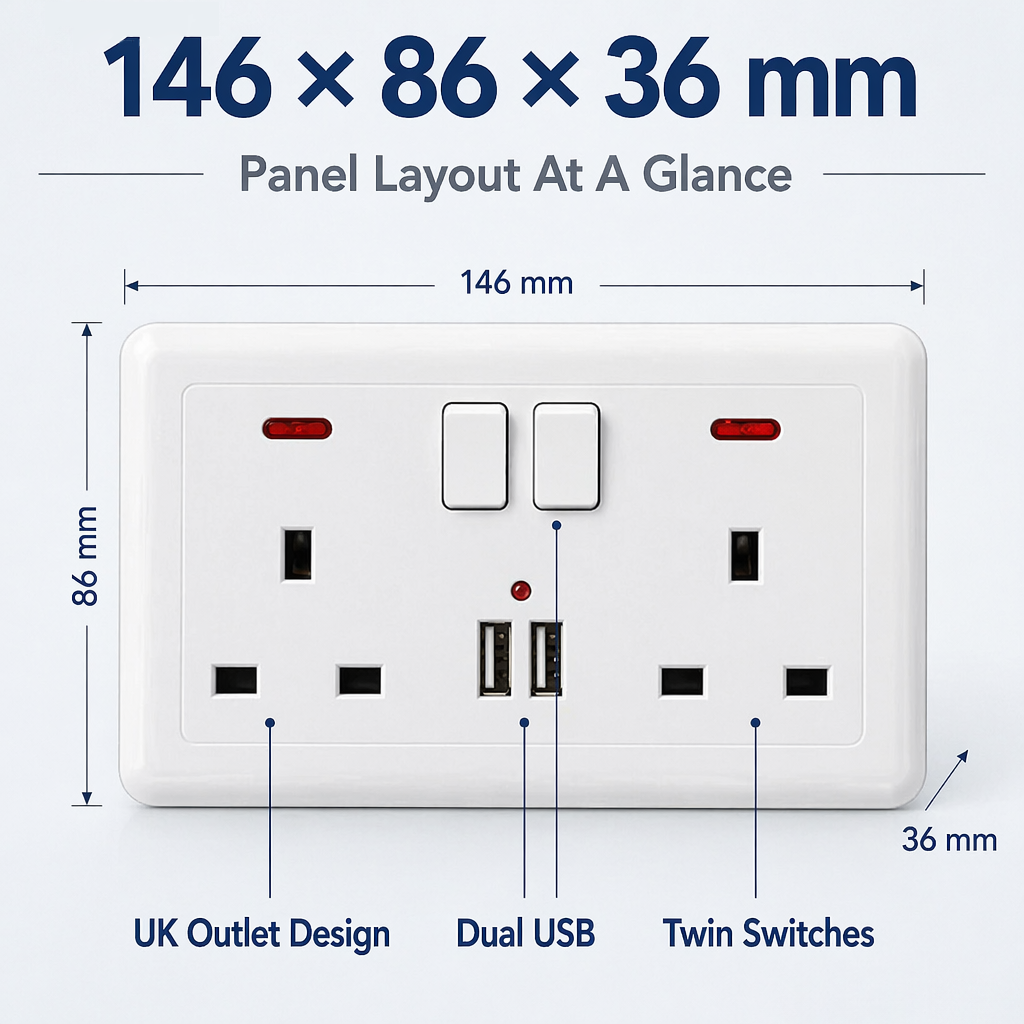 Double Wall Plug Socket 2 Gang 13A W  2 Charger USB  Outlets Flat Plate UK