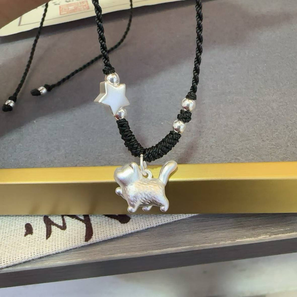 1pcs 999 Sterling Silver Cute Cat & Star Bead Black Cord Braided Necklace, Minimalist Elegant Chinese Style, For Women Daily Casual Wear & Girlfriend Birthday Valentine Gifts