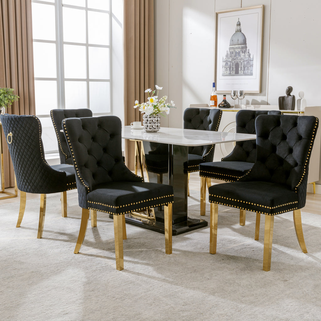 Dining Room Chair Kitchen Chair Living Room Chair With Unique Round Tensile Rings On The Back, 6 Sts, Upholstered Chair With Nail Head Occupation,Supporting Legs In Gold Plated Stainless Steel, Velvet