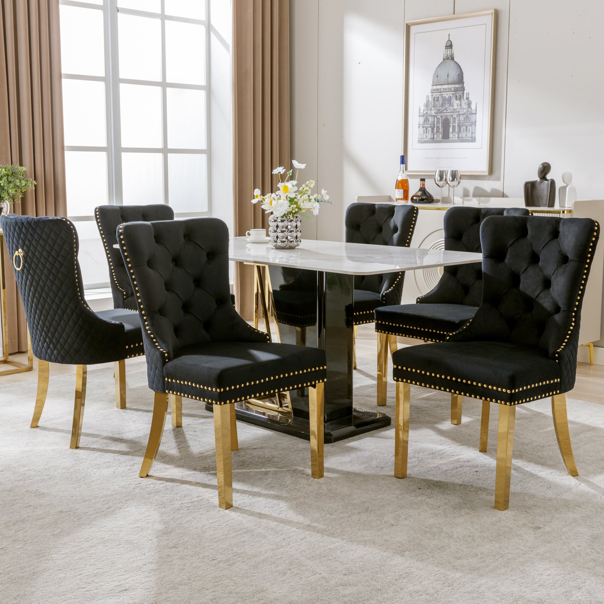 Dining Room Chair Kitchen Chair Living Room Chair With Unique Round Tensile Rings On The Back, 6 Sts, Upholstered Chair With Nail Head Occupation,Supporting Legs In Gold Plated Stainless Steel, Velvet