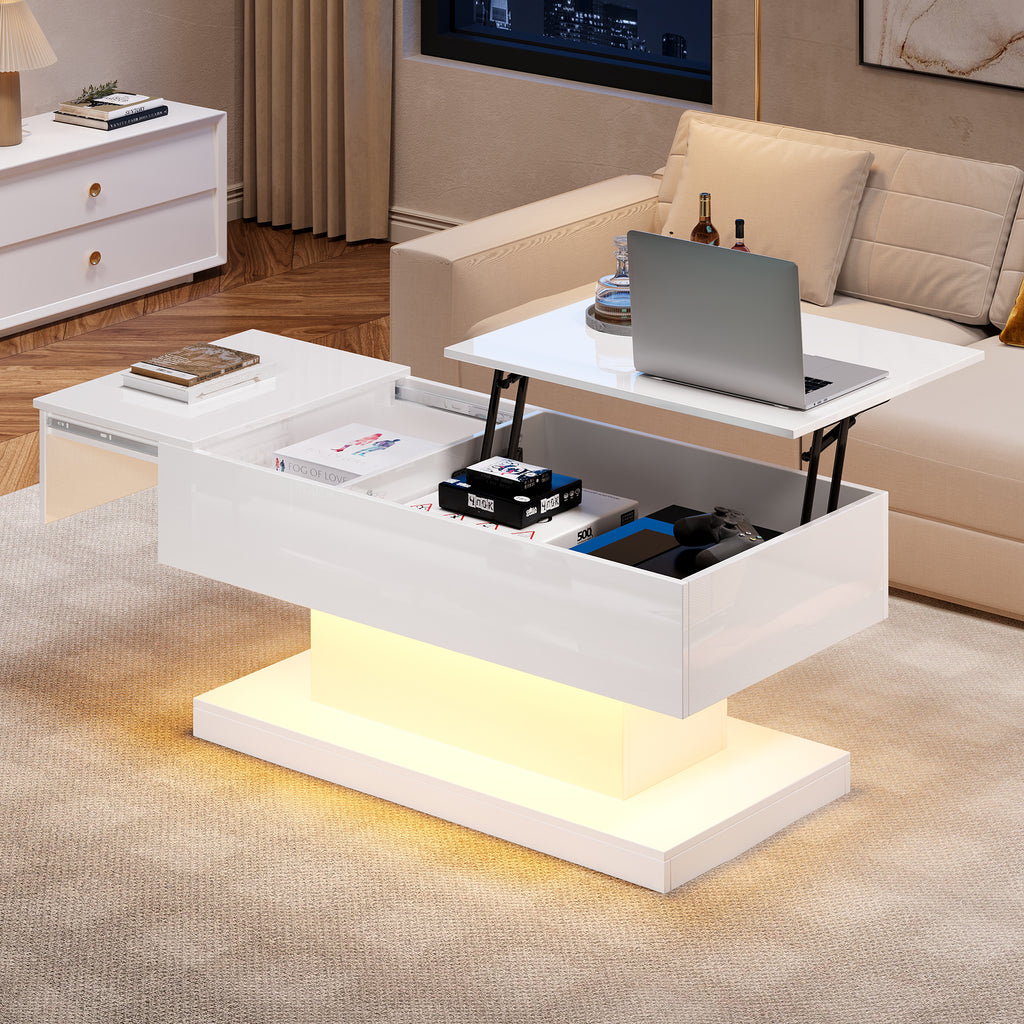 High Gloss Lift Tea Table LED Coffee Tables Coffee Table 100x50x45 Cm With LED Lighting - Semi-Liftable Table Top And Sideways Sliding Design, Hydraulic Lift And Storage