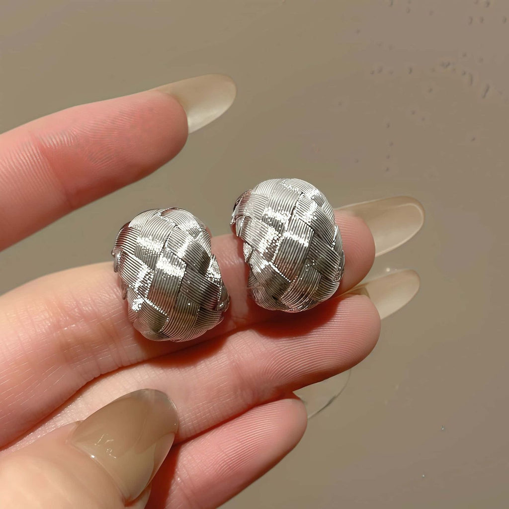 French Vintage Silver Woven Brushed Texture Earrings, Light Luxury High-End Cold Minimalist Stud Earrings, Elegant Versatile Women's Ear Jewelry