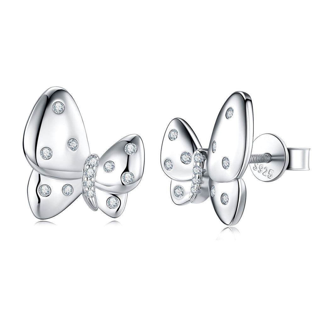 S925 Sterling Silver Butterfly Stud Earrings, D-VVS1 Moissanite Polished Wings, Platinum Plated 3.1g Women's Jewelry Gift Box Set