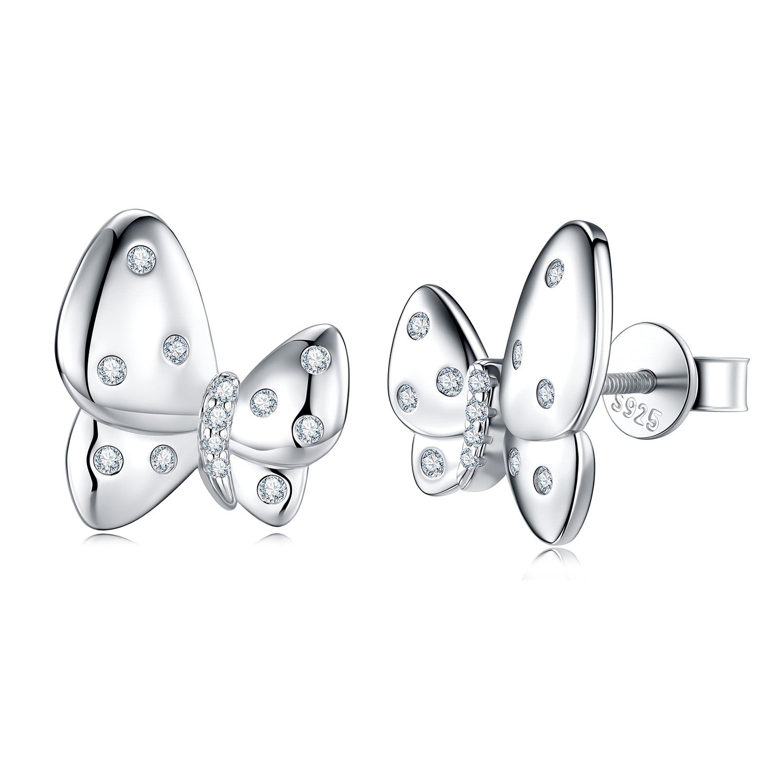 S925 Sterling Silver Butterfly Stud Earrings, D-VVS1 Moissanite Polished Wings, Platinum Plated 3.1g Women's Jewelry Gift Box Set