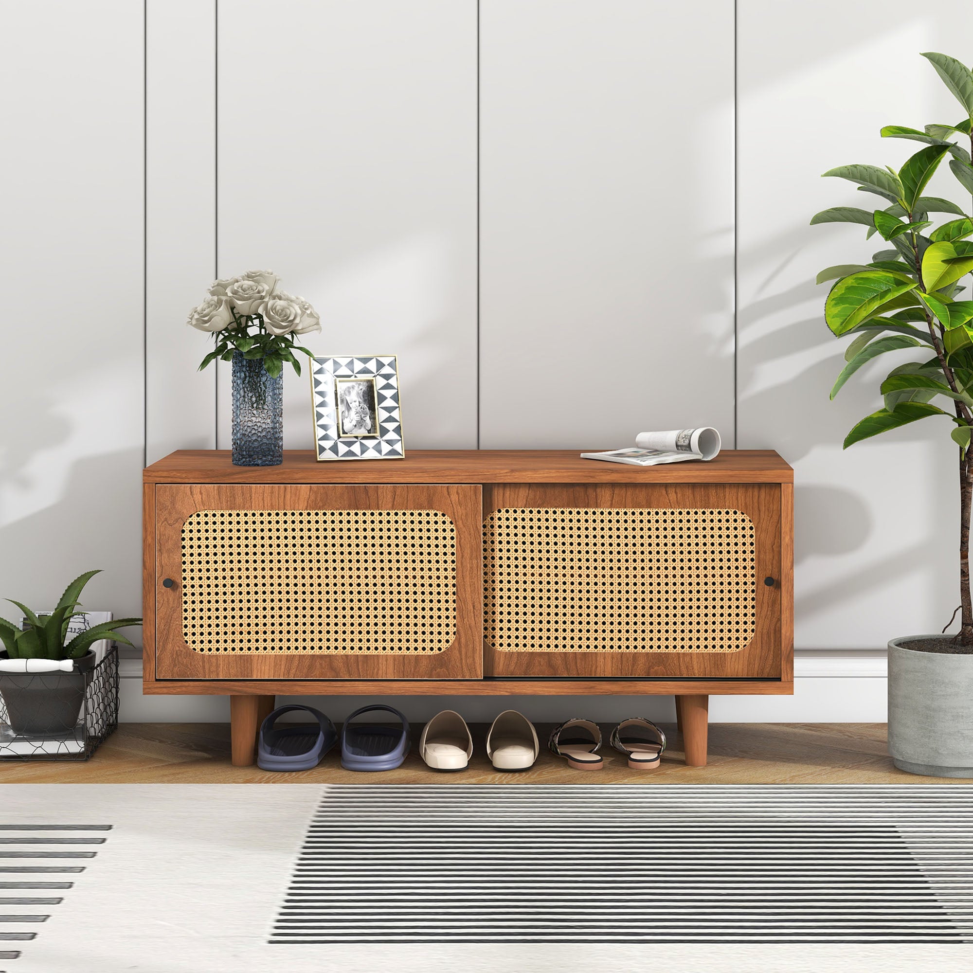 Rattan Shoe Cabinet With 2 Doors With Adjustable Shelf Walnut Color Shapely Shoe Cabinet For Hallway, Living Room And Bedroom, 104x40x48 C