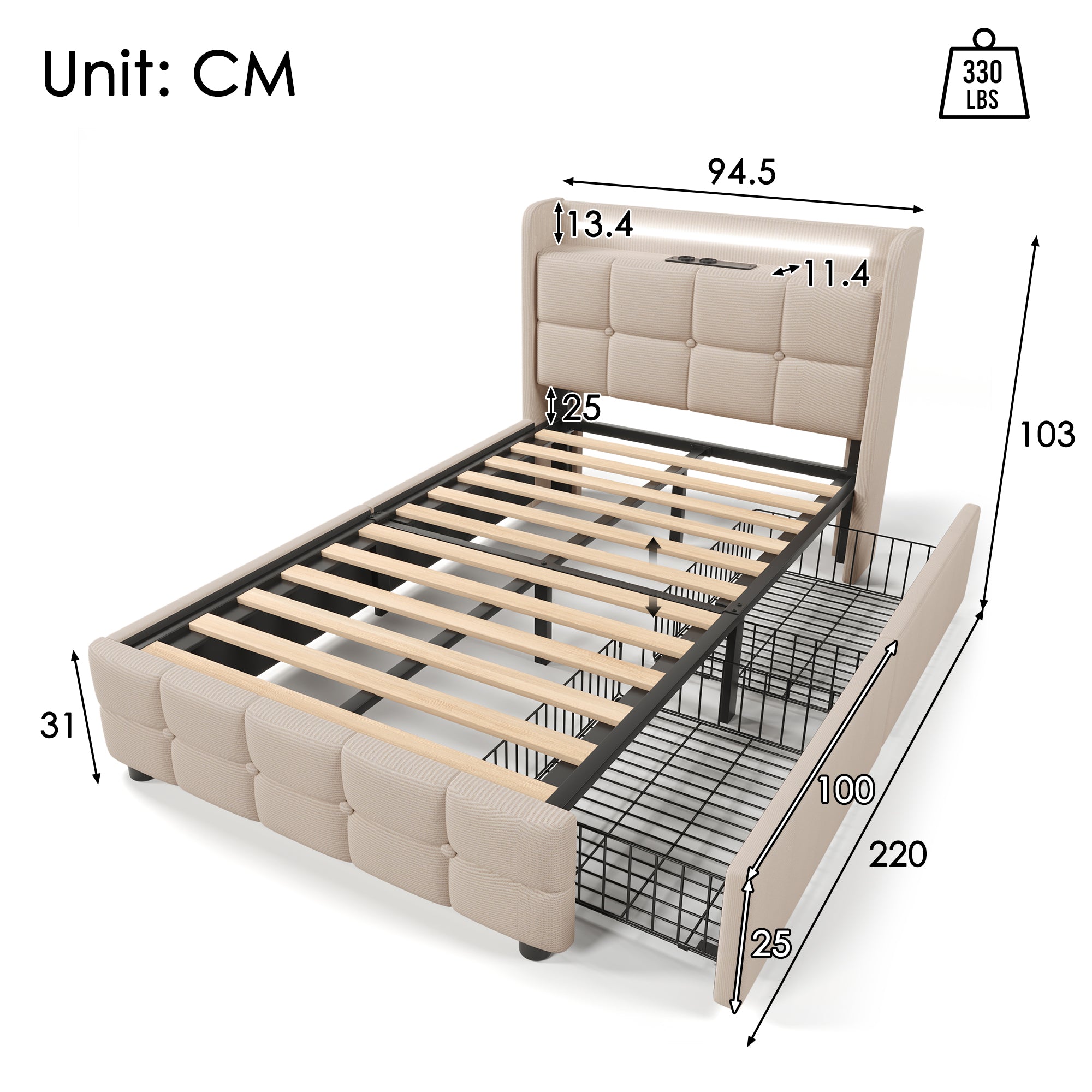 Upholstered Bed With Charging, USB Charging Function, Headboard And LED Lighting And 2 Drawers, Single Bed 90x200cm, Storage Beds, Bed Frame, Wooden Slatted Base, Beige  Without Mattress