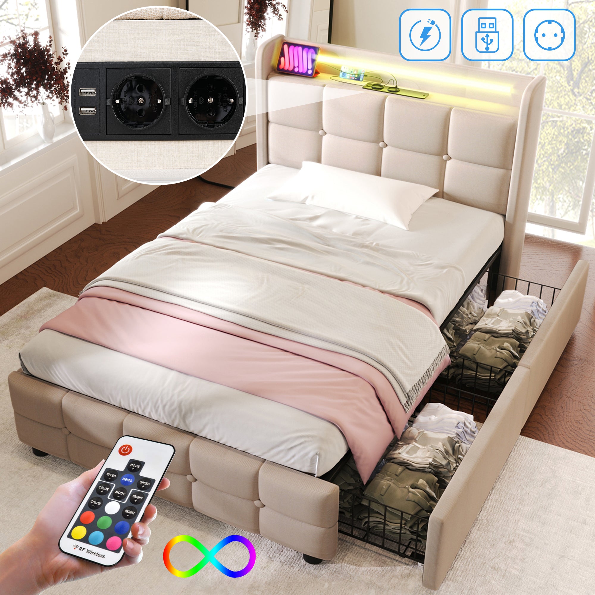 Upholstered Bed With Charging, USB Charging Function, Headboard And LED Lighting And 2 Drawers, Single Bed 90x200cm, Storage Beds, Bed Frame, Wooden Slatted Base, Beige  Without Mattress