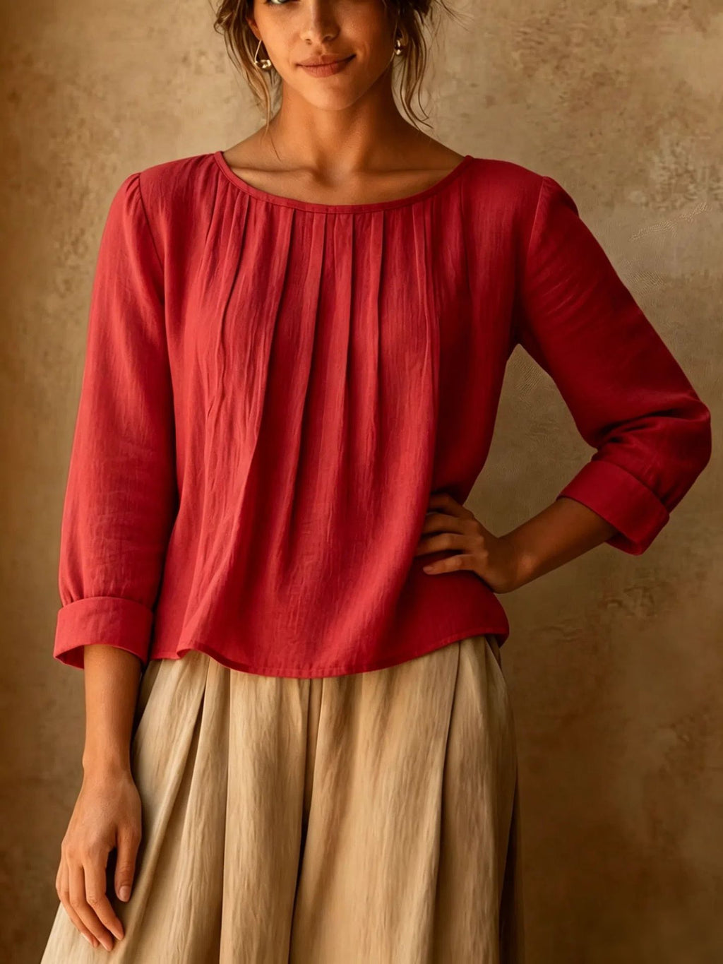 Womens Cotton-linen Top Loose-fit Round-neck Shirt