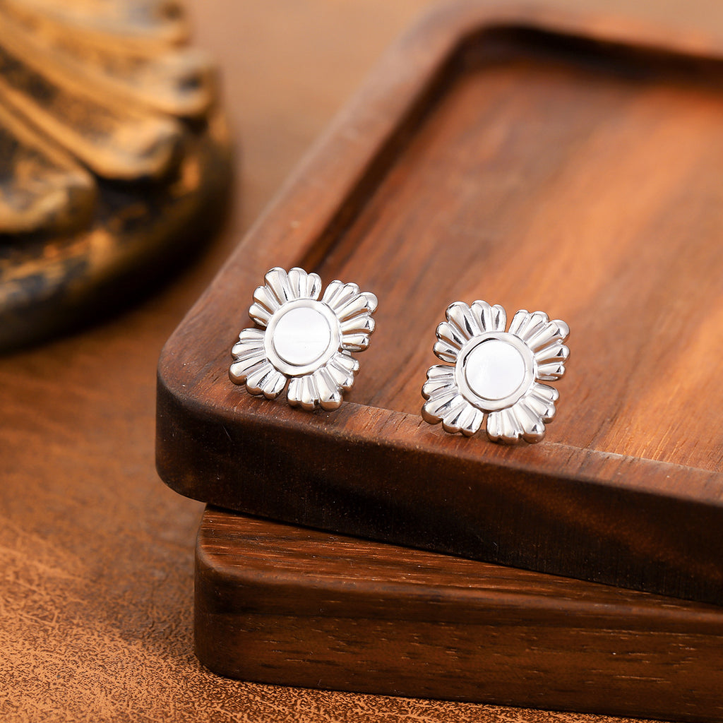 Daily Wear European American Vintage Geometric Earrings, Embossed Craft Concave Convex Irregular Stainless Steel High Texture Female Studs