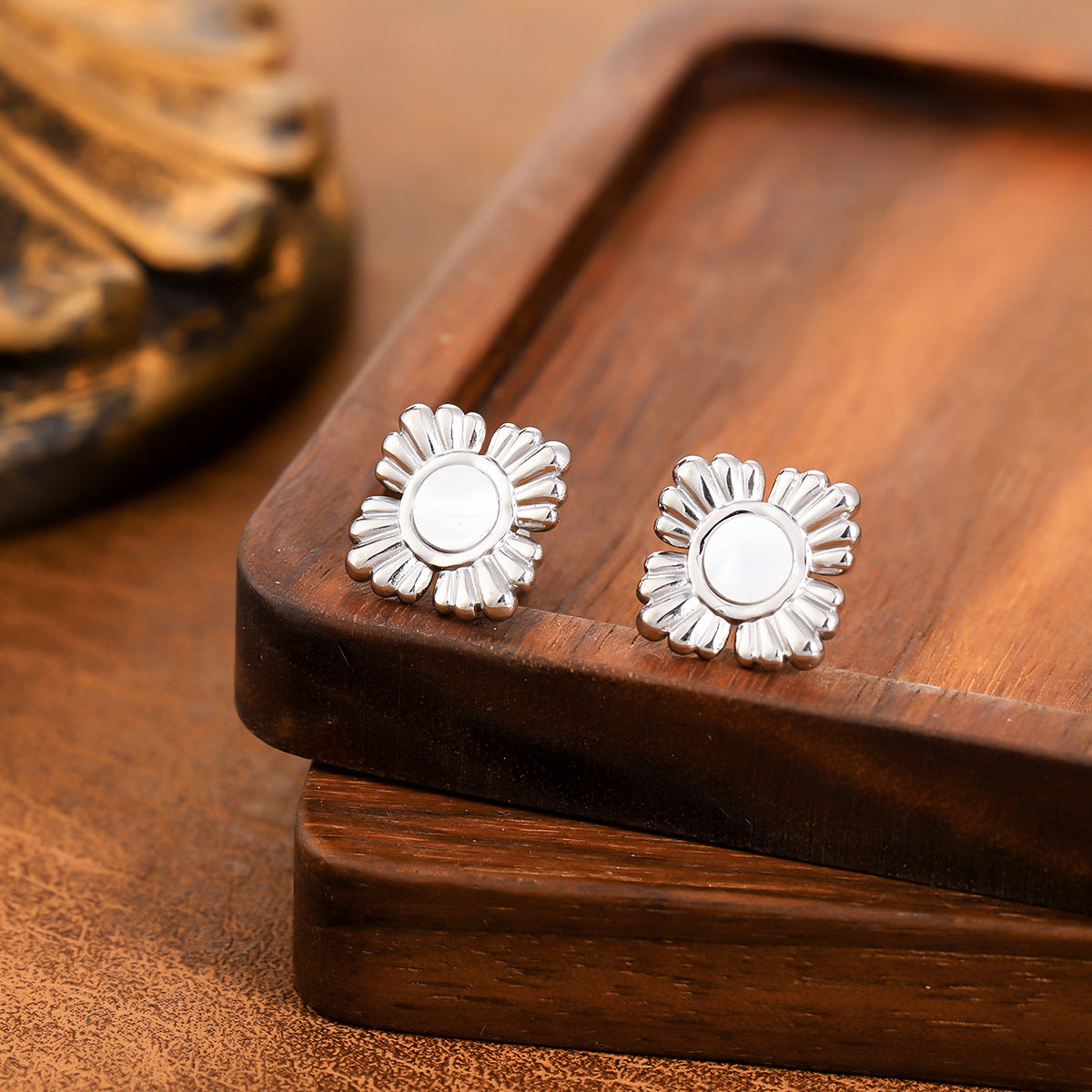 Daily Wear European American Vintage Geometric Earrings, Embossed Craft Concave Convex Irregular Stainless Steel High Texture Female Studs