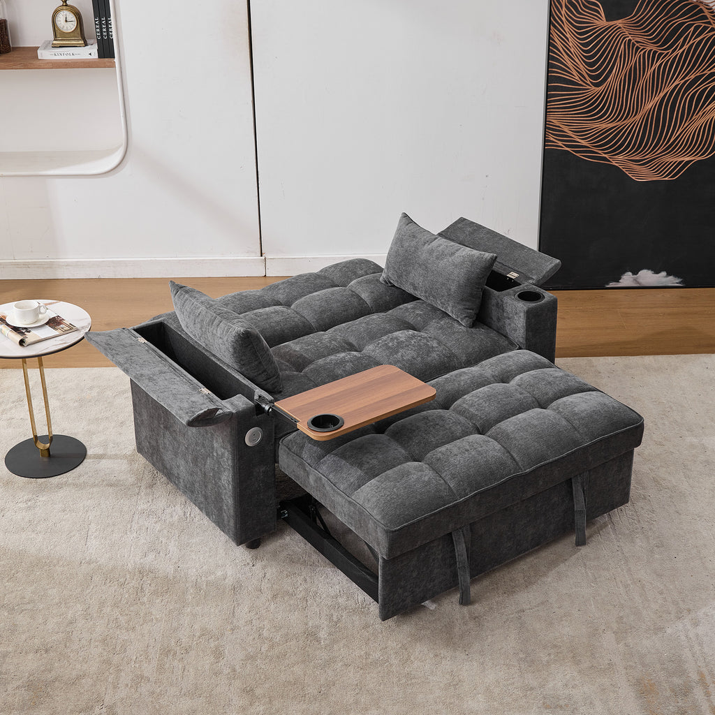 140.5x74x82cm Sofa Bed 3-in-1 Pull-Out Sofa, With Adjustable Backrest, USB Port, 2-Seater Sofa Lounge Sofa Daybed Foldable Pull-Out,Equipped With Hidden Table, Cup Holder, Grey