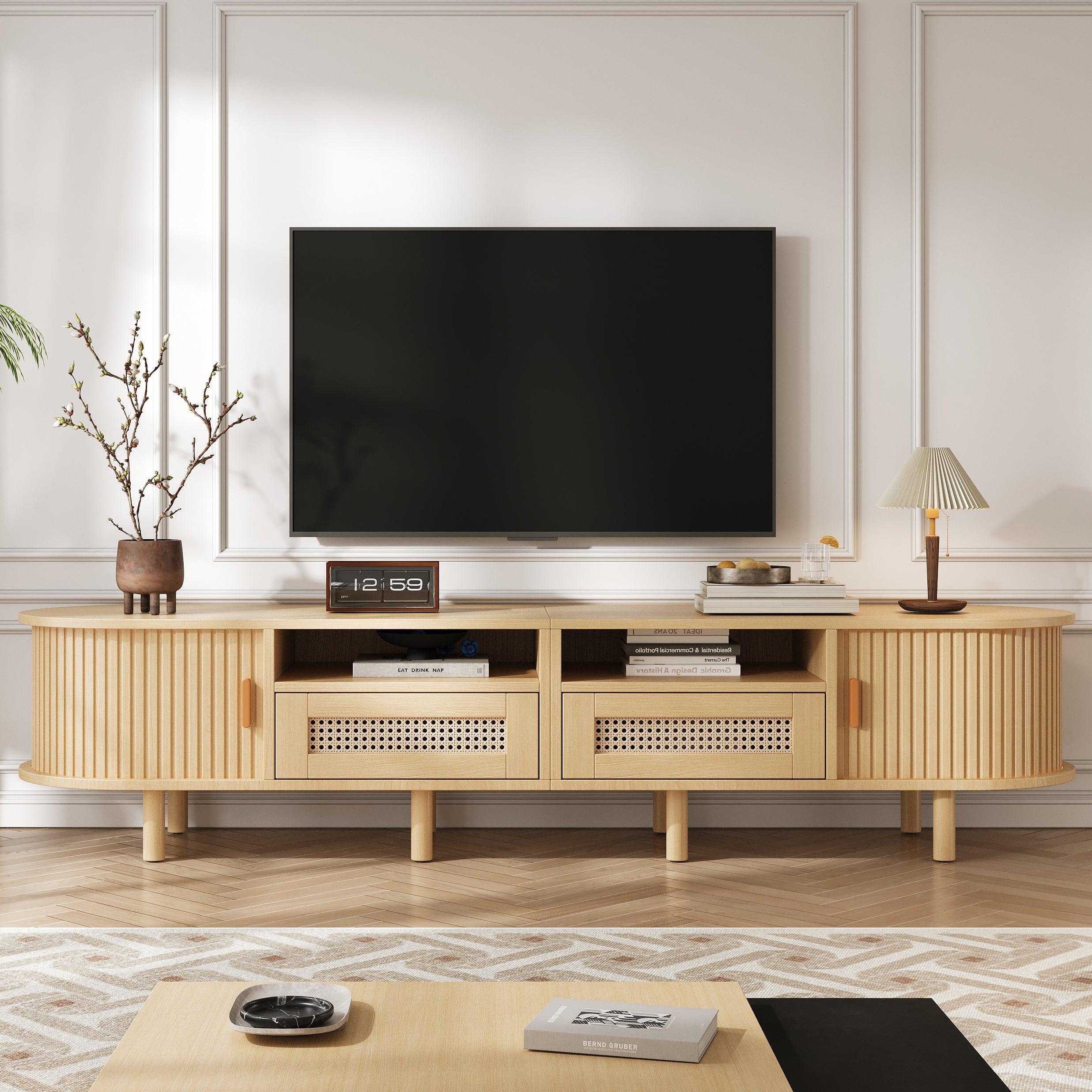 170x40x40cm Oval TV Stand And TV Stand,TV Cabinet With 2 Rattan Design Drawers,2 Sliding Door,Lowboard And TV Stand Up To 70 Inches,TV Board And TV Dresser,Wood Color