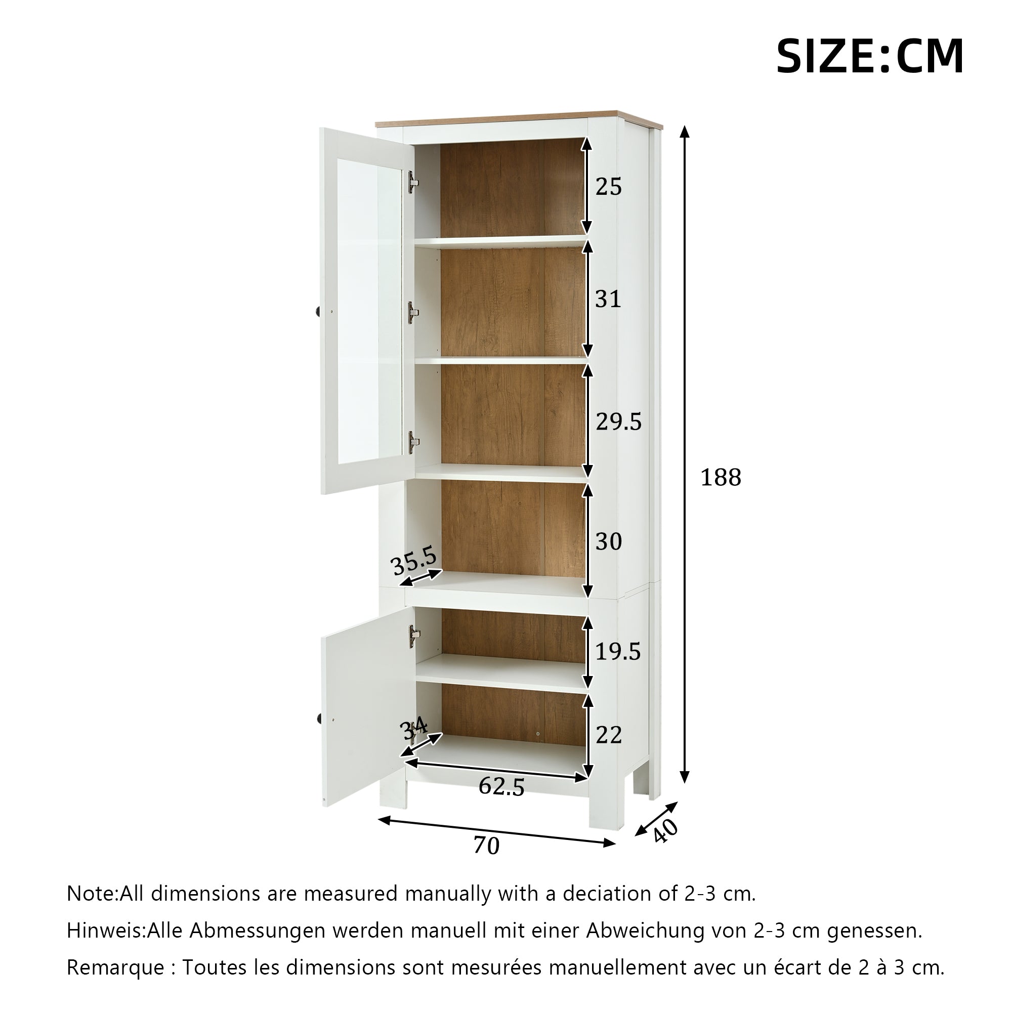 70 X 40 X 188 Cm Tall Cabinet, Freestanding Display Cabinet With 2 Cabinet Doors, Six Shelves, A Back Panel In Natural Wood Look, Adjustable Shelves, Glass Display Case With LED Lighting, White  Natu
