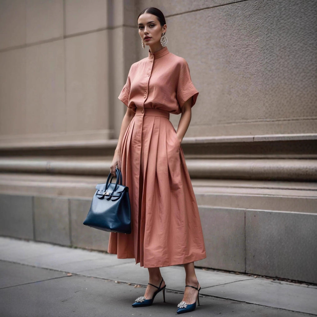 Solid-color Short-sleeve Turtleneck Top With Pleated Long Skirt