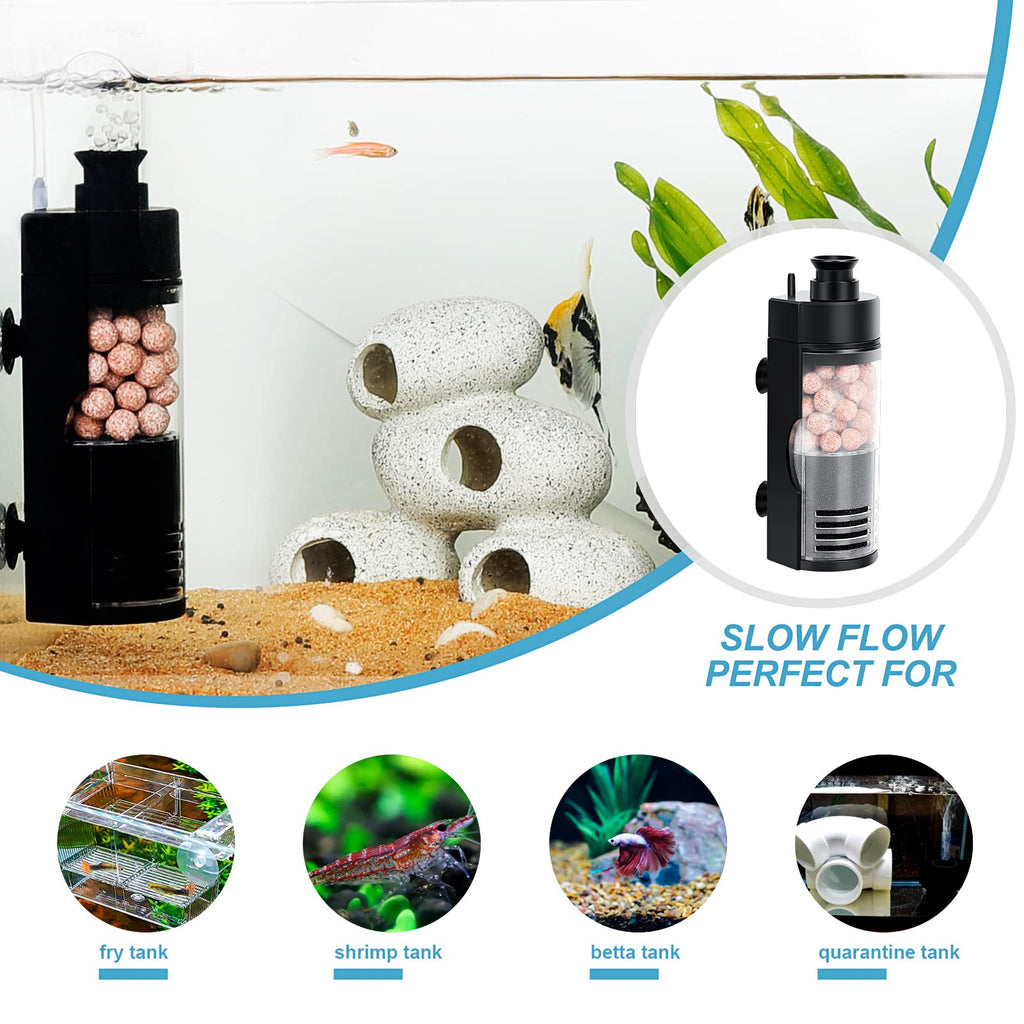Small Aquarium Bio Sponge Filter With Ceramic Balls, 2-5 Gallon Fish Tank Filter For Breeding Fry Betta Shrimp Nano Tanks