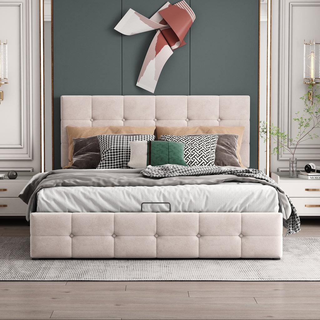 Upholstered Bed 140x200 Cm, Double Bed With Hydraulic Storage Lift, Height-adjustable Upholstered Headboard, Metal Slatted Base, Skin-friendly Velvet Fabric Suitable For Adults And Teens, Cream-whi