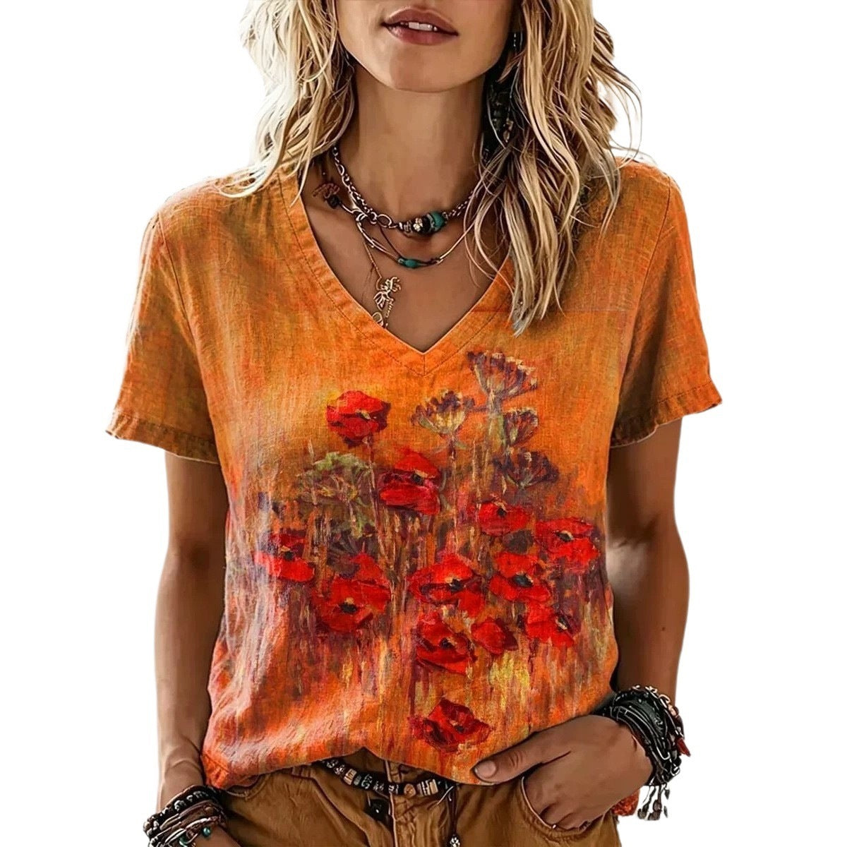 Womens Fashionable Loose-fit Casual V-neck Short-sleeve Top