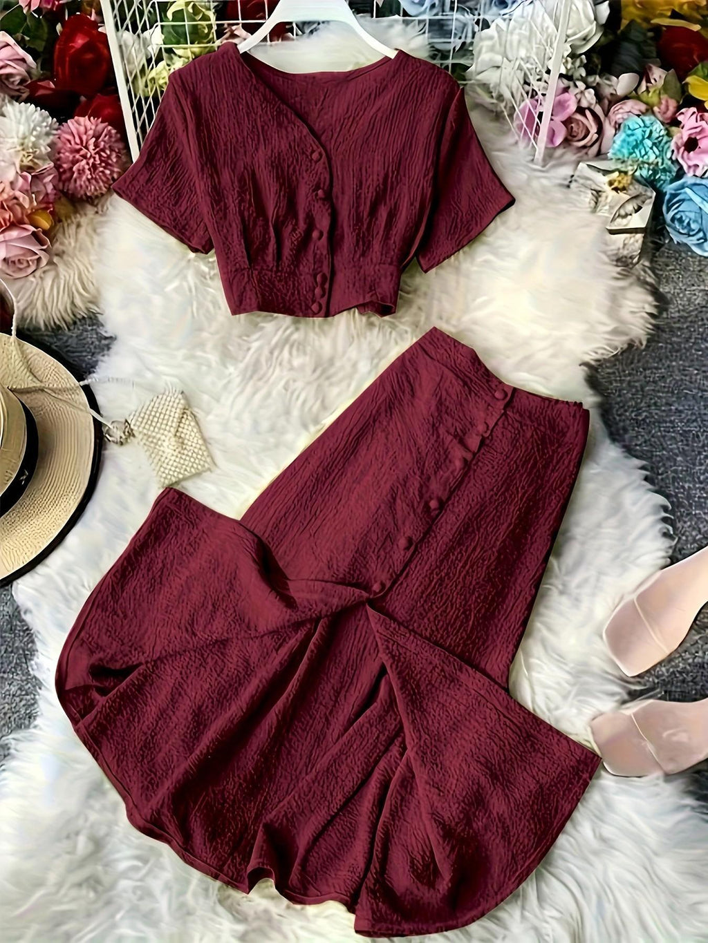 V-neck Single-breasted Short-sleeve Top And High-waisted Wide-leg Pants With Side Slits