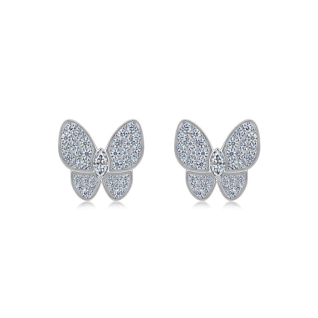 S925 Sterling Silver Butterfly Stud Earrings, D-VVS1 Marquise Moissanite Pave Wings, Platinum Plated 3.4g Women's Jewelry Gift Box