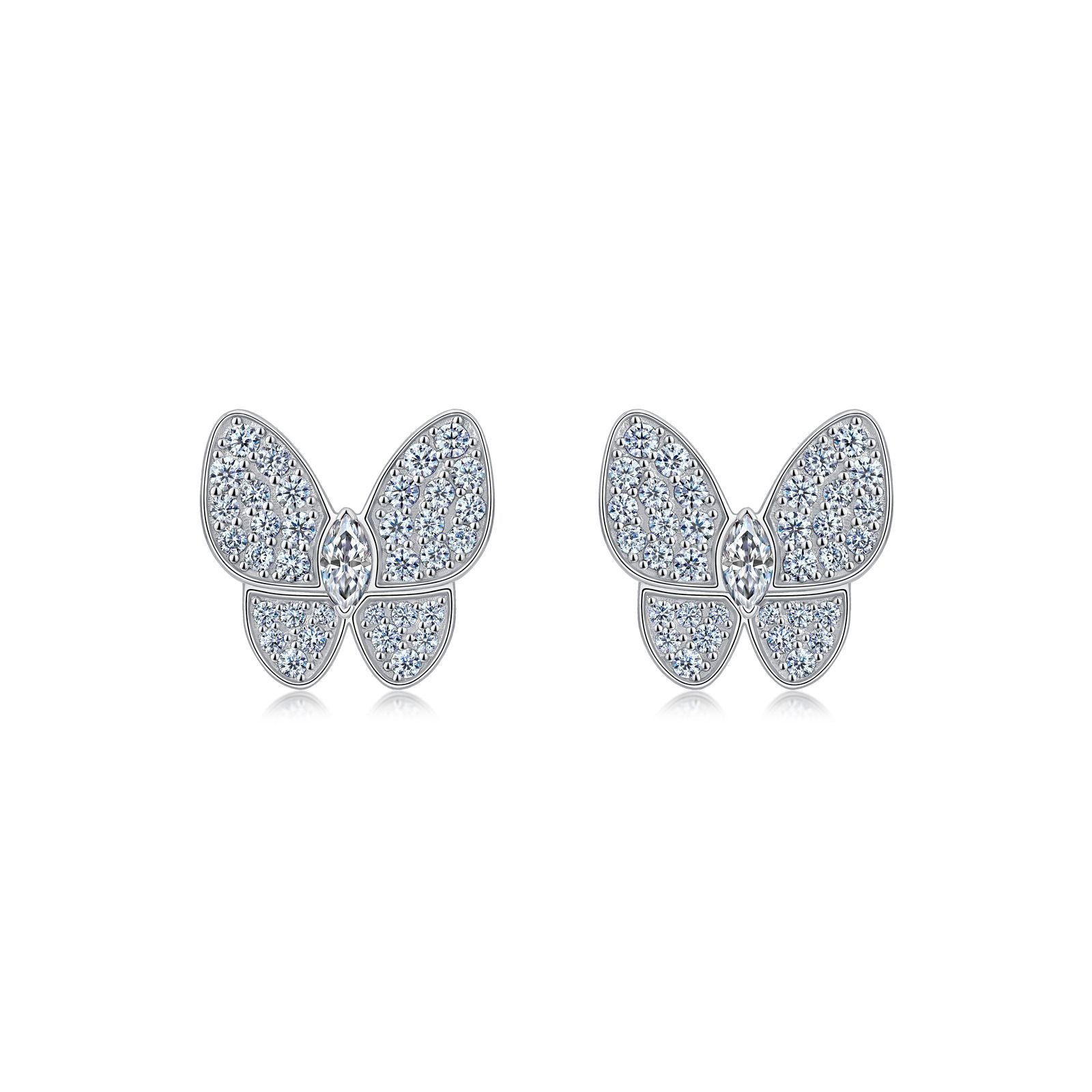 S925 Sterling Silver Butterfly Stud Earrings, D-VVS1 Marquise Moissanite Pave Wings, Platinum Plated 3.4g Women's Jewelry Gift Box