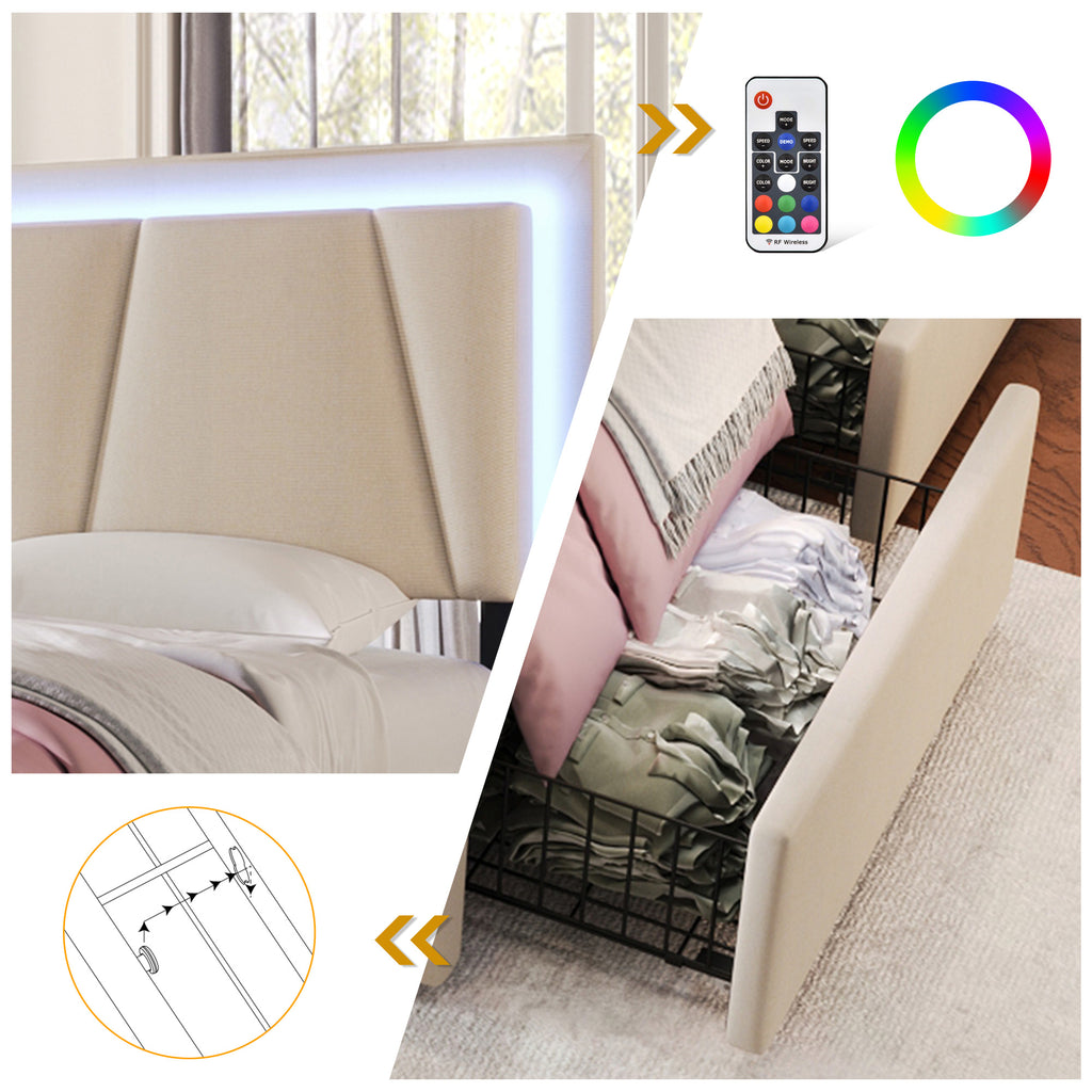 Sofa Bed With LED Lighting And 2 Drawers, Height Adjustable Headboard, Single Bed 90x200cm, Storage Bed Frame, Wooden Bar Bed, Beige Without Mattress