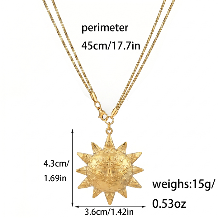 Celestial Sun Face Pendant Necklace For Women, 18K Gold Plated Stainless Steel Snake Chain Choker, Vintage Sunburst Boho Jewelry Gift