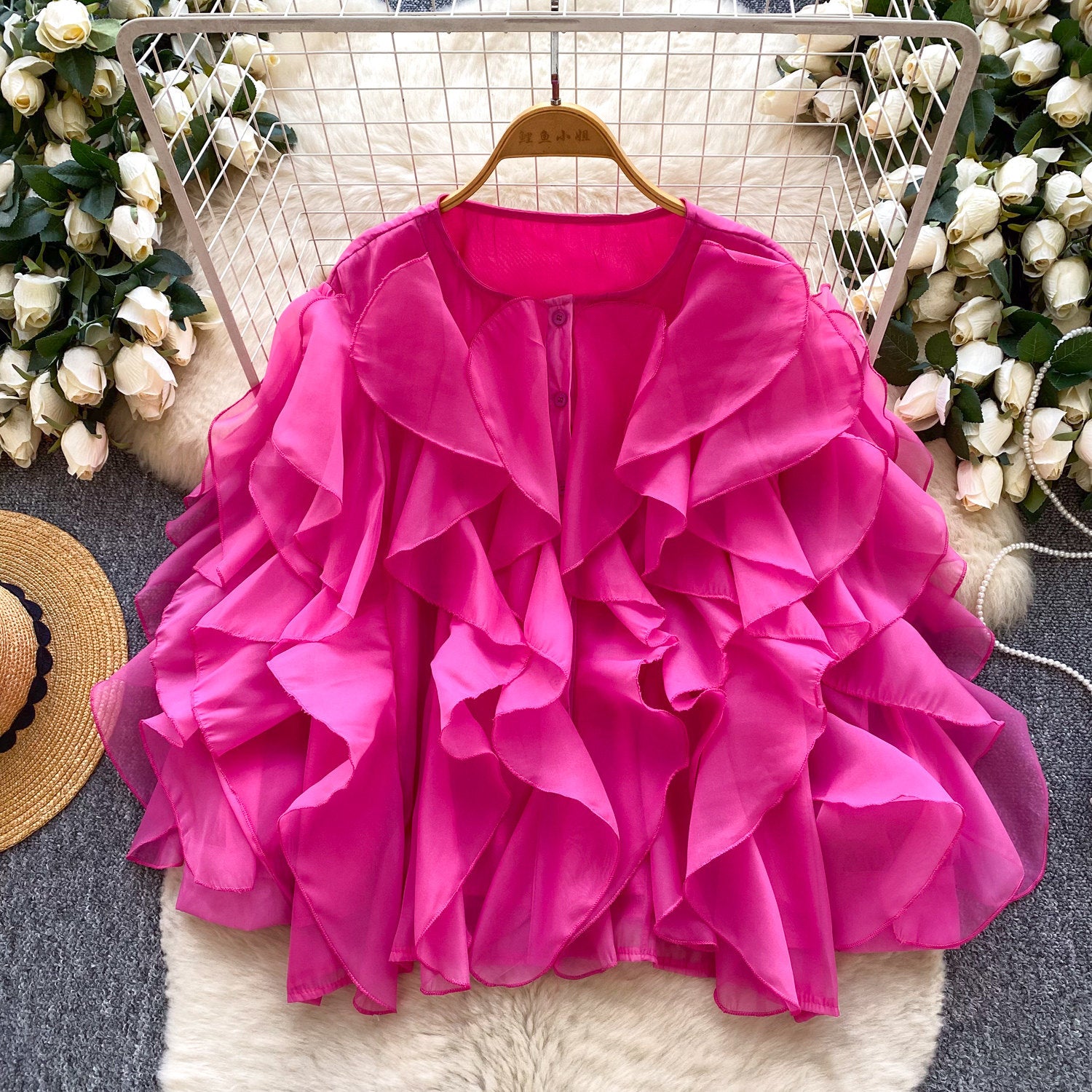 Womens Solid-color Round-neck Irregular Ruffled-edge Button-up Blouse