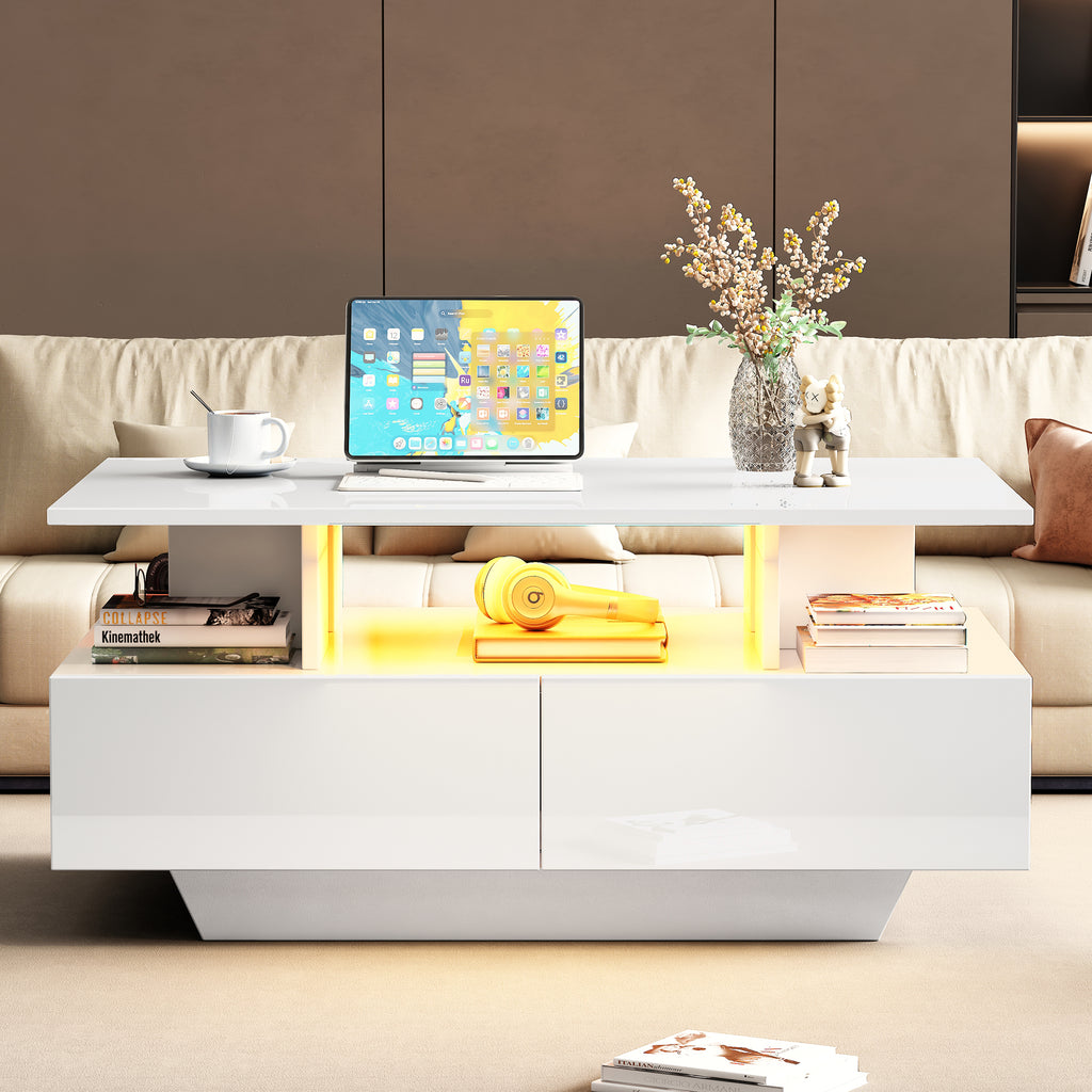 Modern High-gloss Coffee Table With LED Lighting And 2 Drawers  Stylish 90x55x41 Cm Side Table With Storage Space, Load Capacity Up To 30 Kg