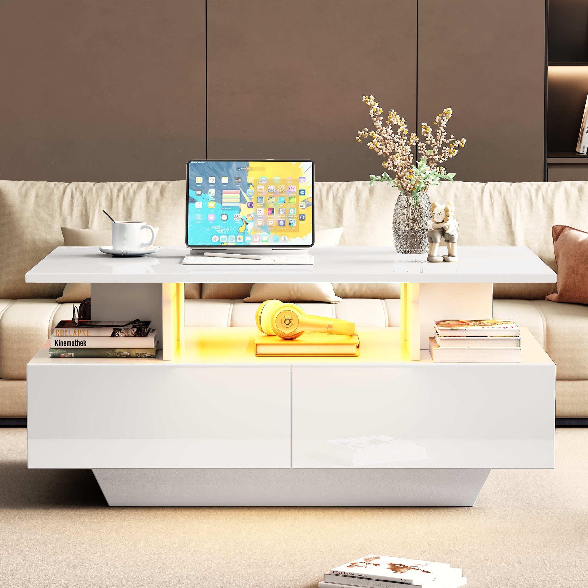 Modern High-gloss Coffee Table With LED Lighting And 2 Drawers  Stylish 90x55x41 Cm Side Table With Storage Space, Load Capacity Up To 30 Kg